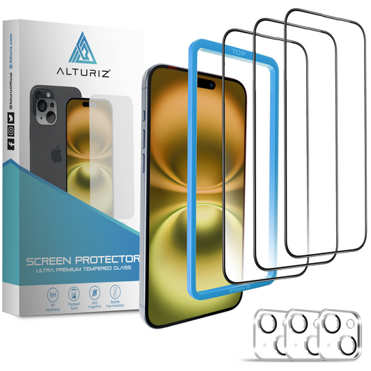 ALTURIZ 3-Pack Screen Protectors for iPhone 15 [6.1 inch] + 3-Pack Camera Lens Protectors with Installation Frame. 9H Hardness, No Bubbles, Case Friendly, Tempered Glass. [3+3 Pack] - ALTURIZ