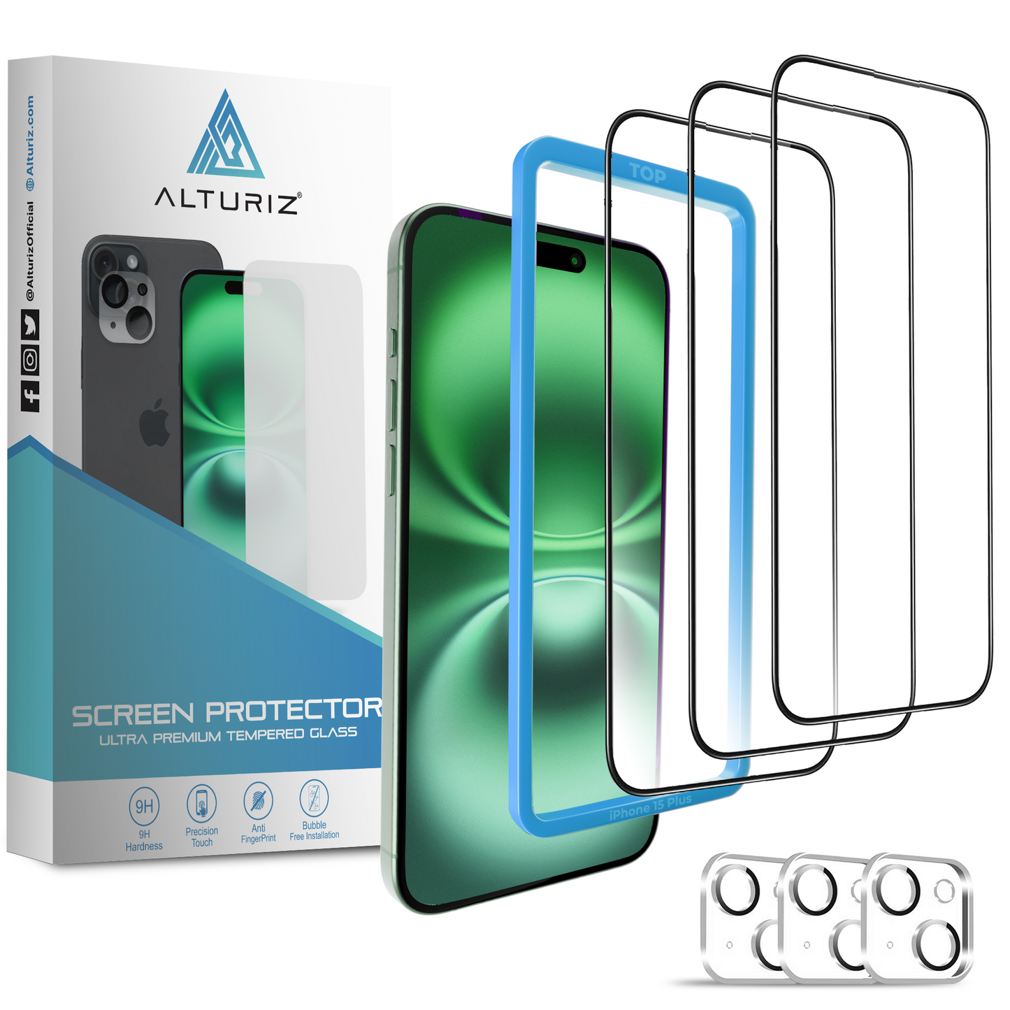 ALTURIZ 3-Pack Screen Protectors for iPhone 15 Plus [6.7 inch] + 3-Pack Camera Lens Protectors with Installation Frame. 9H Hardness, No Bubbles, Case Friendly, Tempered Glass. [3+3 Pack] - ALTURIZ