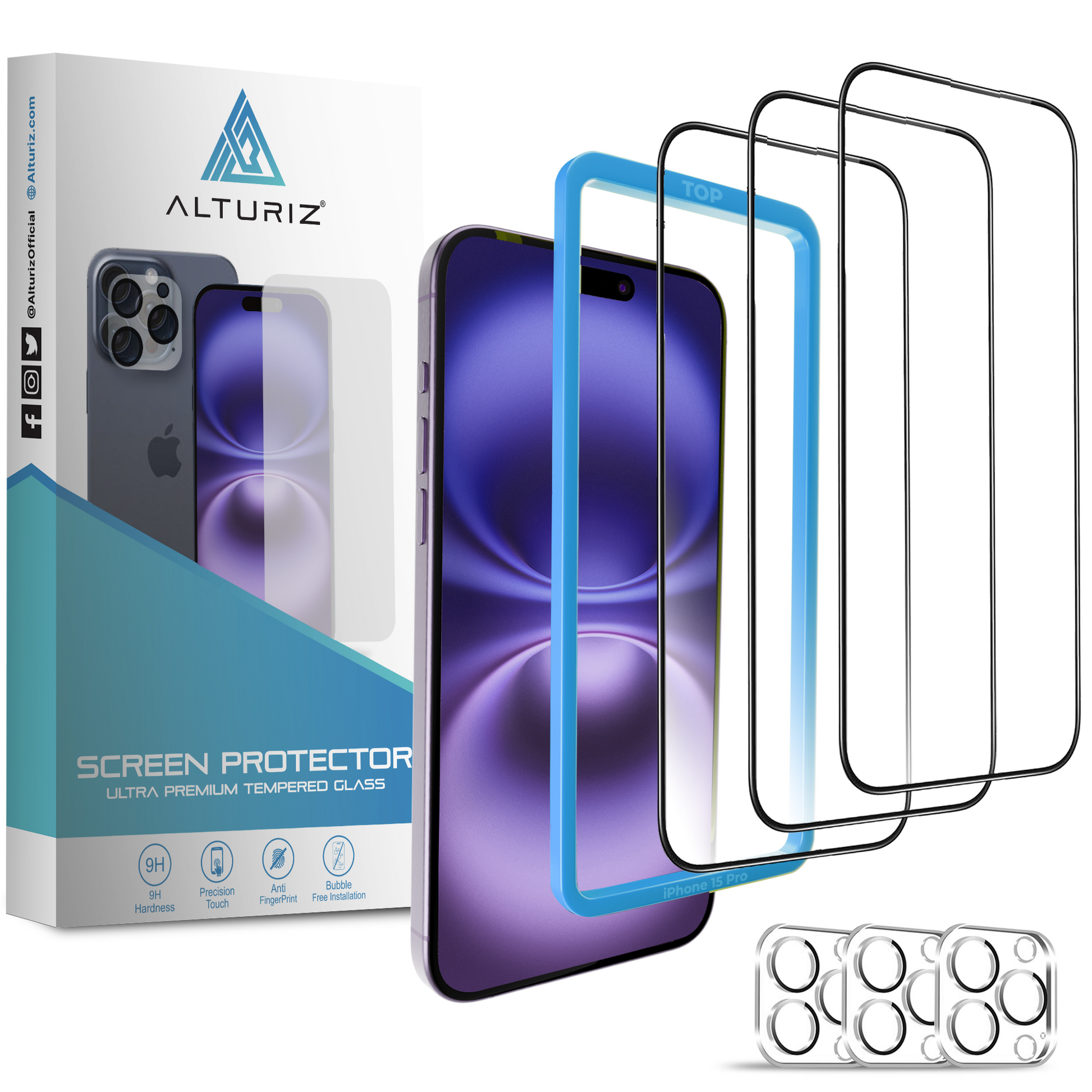 ALTURIZ 3-Pack Screen Protectors for iPhone 15 Pro [6.1 inch] + 3-Pack Camera Lens Protectors with Installation Frame. 9H Hardness, No Bubbles, Case Friendly, Tempered Glass. [3+3 Pack] - ALTURIZ