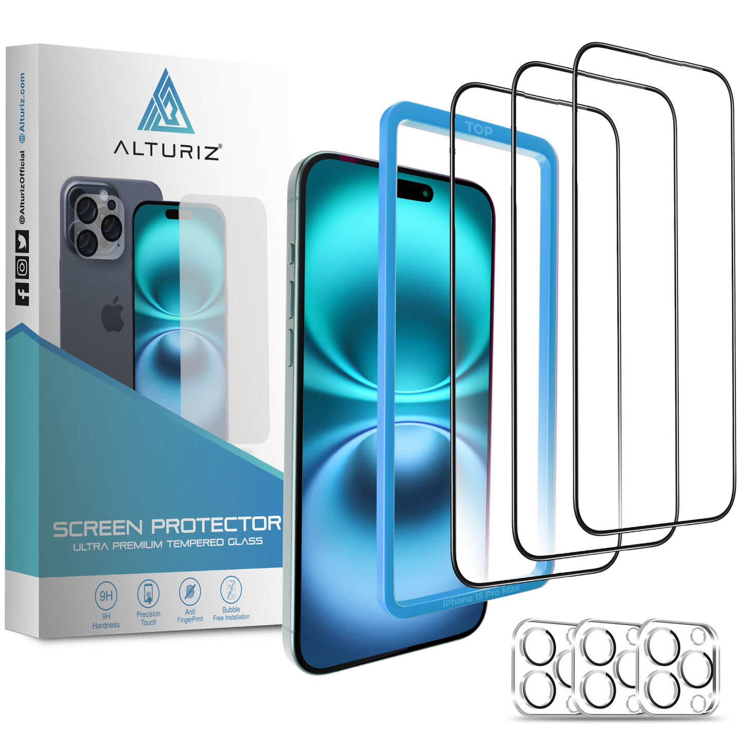 ALTURIZ 3-Pack Screen Protectors for iPhone 15 Pro Max [6.7 inch] + 3-Pack Camera Lens Protectors with Installation Frame. 9H Hardness, No Bubbles, Case Friendly, Tempered Glass. [3+3 Pack] - ALTURIZ