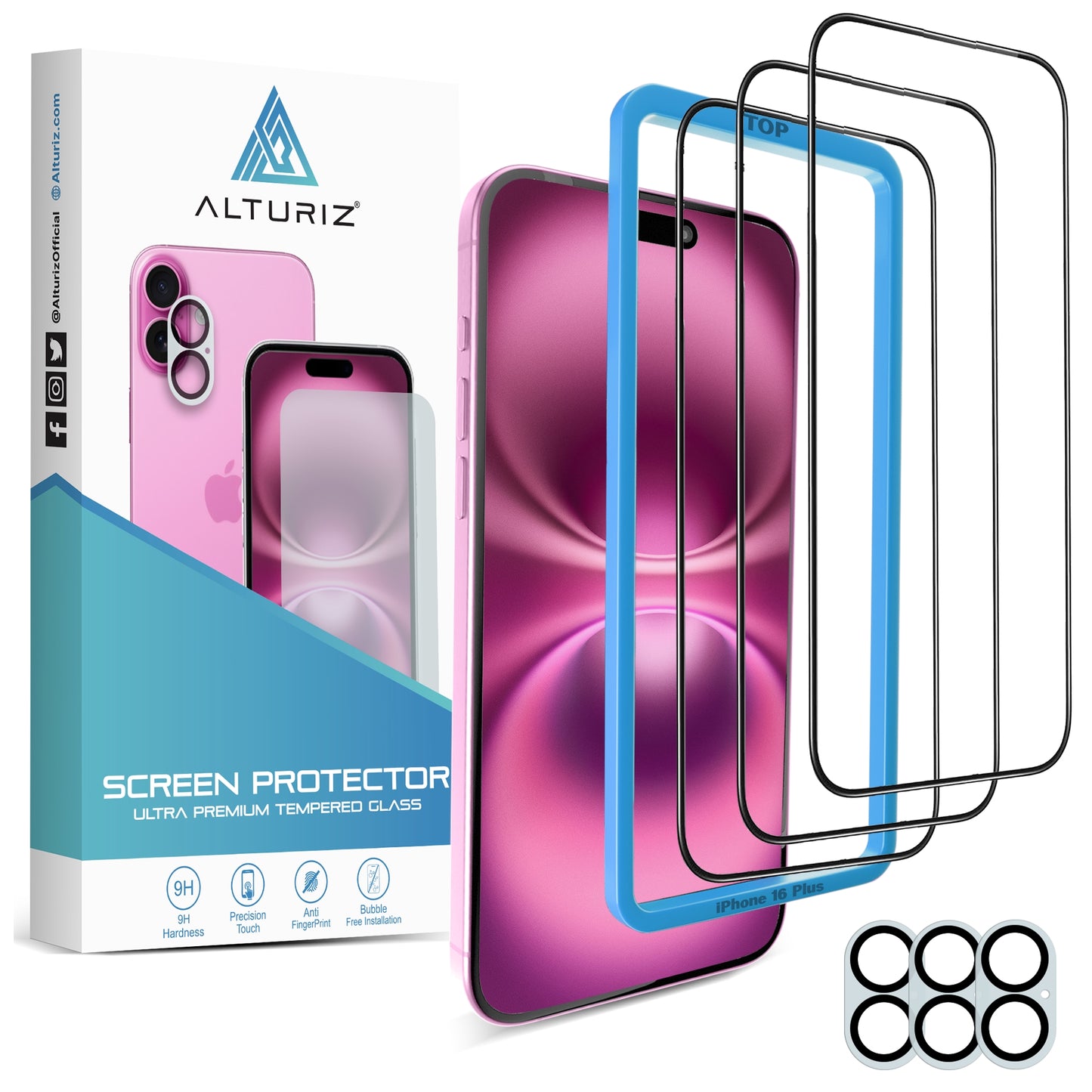 ALTURIZ 3-Pack Screen Protectors for iPhone 16 Plus [6.7 inch] + 3-Pack Camera Lens Protectors with Easy Installation Frame. 9H Hardness, No Bubbles, Case Friendly, Tempered Glass. [3+3 Pack] - ALTURIZ