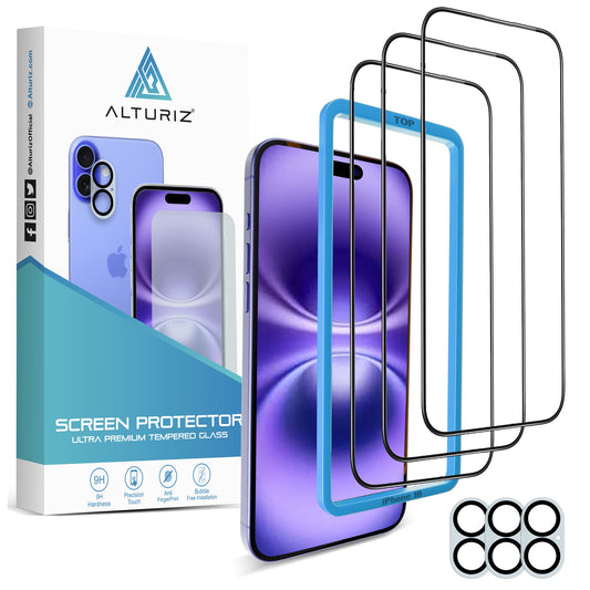 ALTURIZ 3-Pack Screen Protectors for iPhone 16 [6.1 inch] + 3-Pack Camera Lens Protectors with Easy Installation Frame. 9H Hardness, No Bubbles, Case Friendly, Tempered Glass. [3+3 Pack] - ALTURIZ