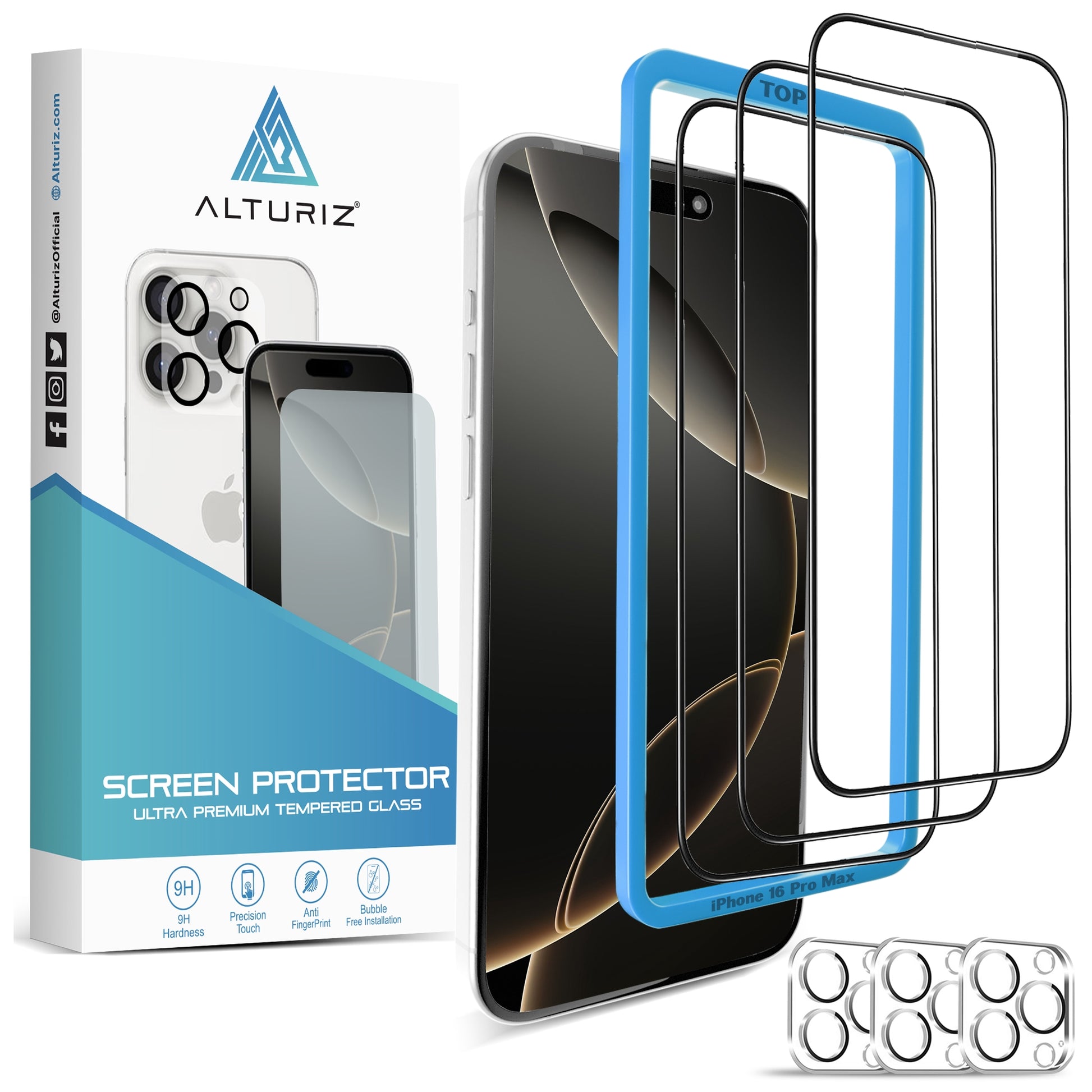 ALTURIZ 3-Pack Screen Protectors for iPhone 16 Pro Max [6.9 inch] + 3-Pack Camera Lens Protectors with Easy Installation Frame. 9H Hardness, No Bubbles, Case Friendly, Tempered Glass. [3+3 Pack] - ALTURIZ