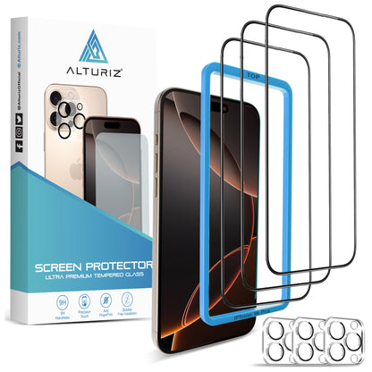 ALTURIZ 3-Pack Screen Protectors for iPhone 16 Pro [6.3 inch] + 3-Pack Camera Lens Protectors with Easy Installation Frame. 9H Hardness, No Bubbles, Case Friendly, Tempered Glass. [3+3 Pack] - ALTURIZ